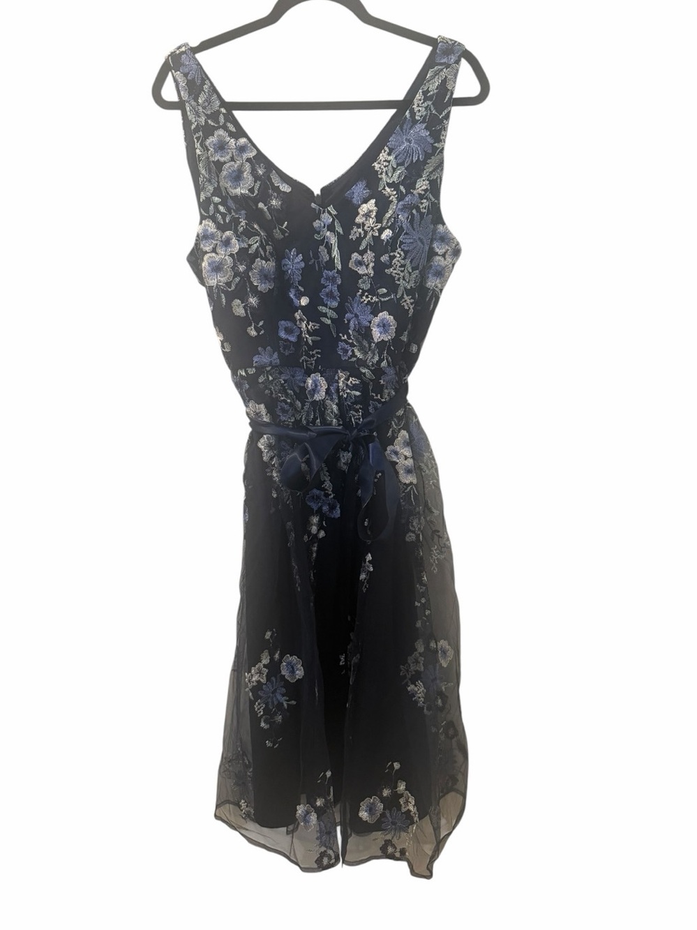 Alex Evenings Chiffon Dress 14 Navy Embroidered Floral Midi A-Line NWT $199 - Picture 6 of 9